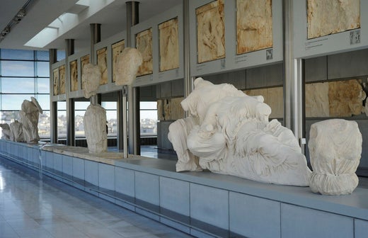 Plaster copies in the Acropolis Museum in Athens refer to the sculptures whose originals are in London.